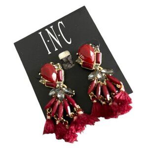 INC International Concepts Fringe Bead & Rhinestone Dangle Post Earrings Red